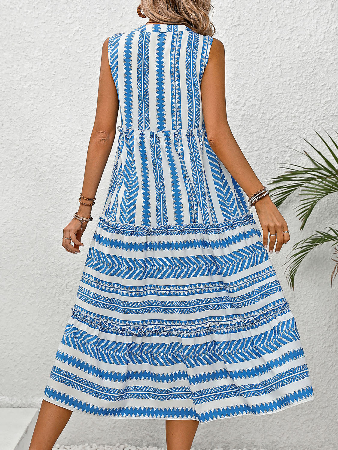 Perfee Frill Printed Notched Sleeveless Dress Trandify deal