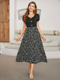Printed Round Neck Short Sleeve Midi Dress Trandify Deal