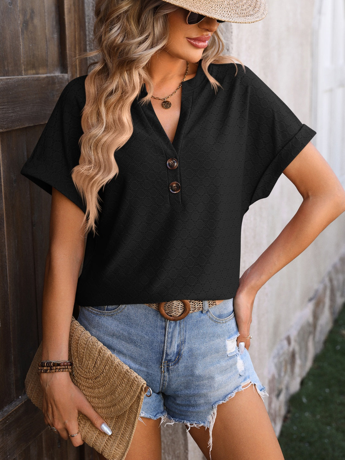 Mandy Eyelet Notched Short Sleeve T-Shirt Trandify deal
