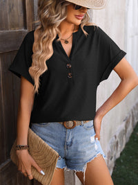 Mandy Eyelet Notched Short Sleeve T-Shirt Trandify deal