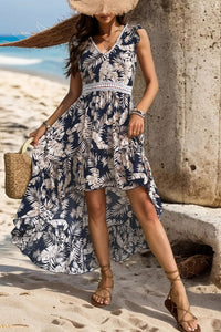 Perfee High-Low Printed V-Neck Cap Sleeve Midi Dress Trandify deal