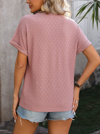 Mandy Eyelet Notched Short Sleeve T-Shirt Trandify deal