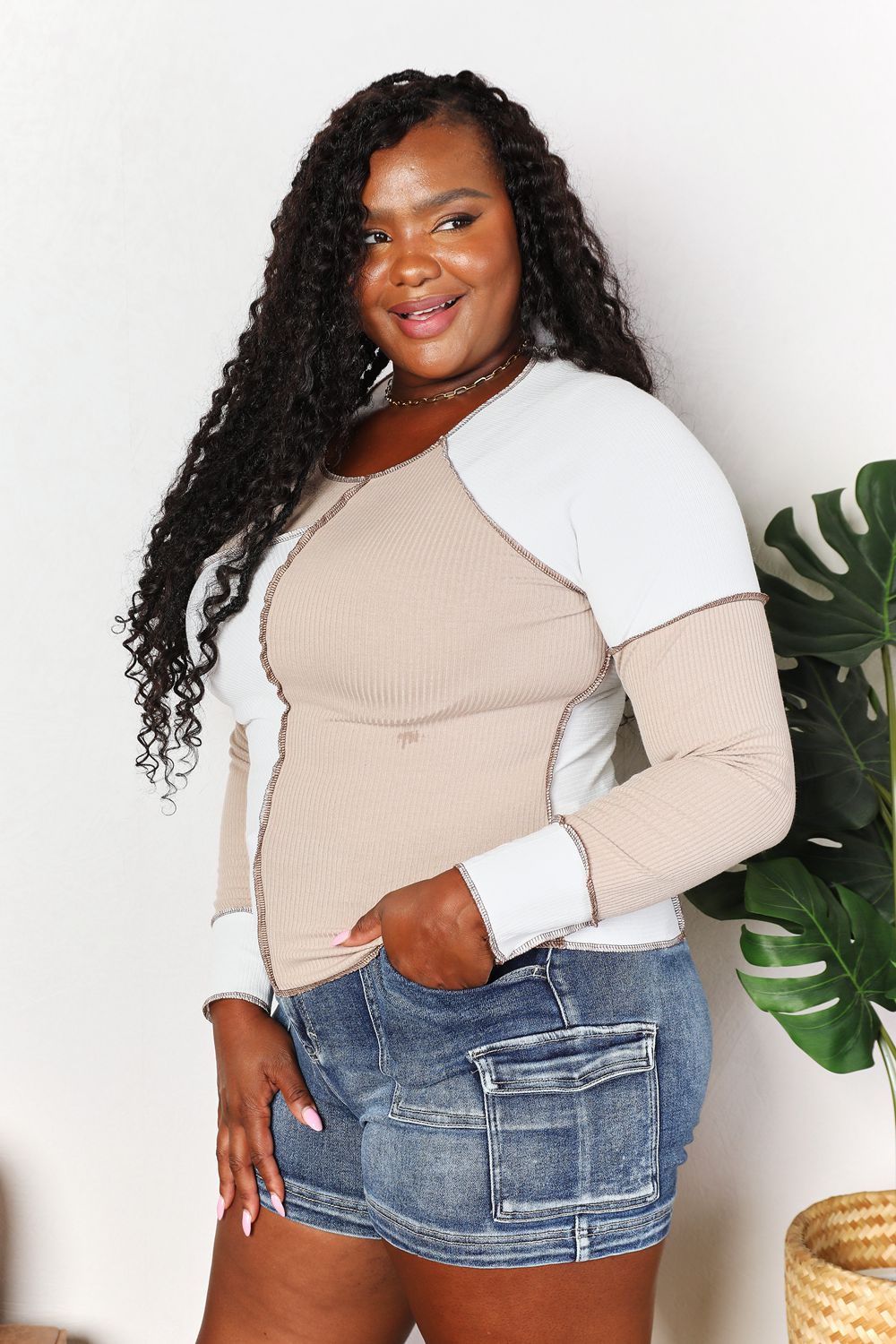 Double Take Color Block Exposed Seam Top Trandify Deal
