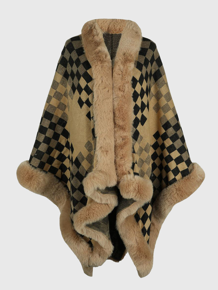 Checkered Faux Fur Trim Poncho Trandify deal