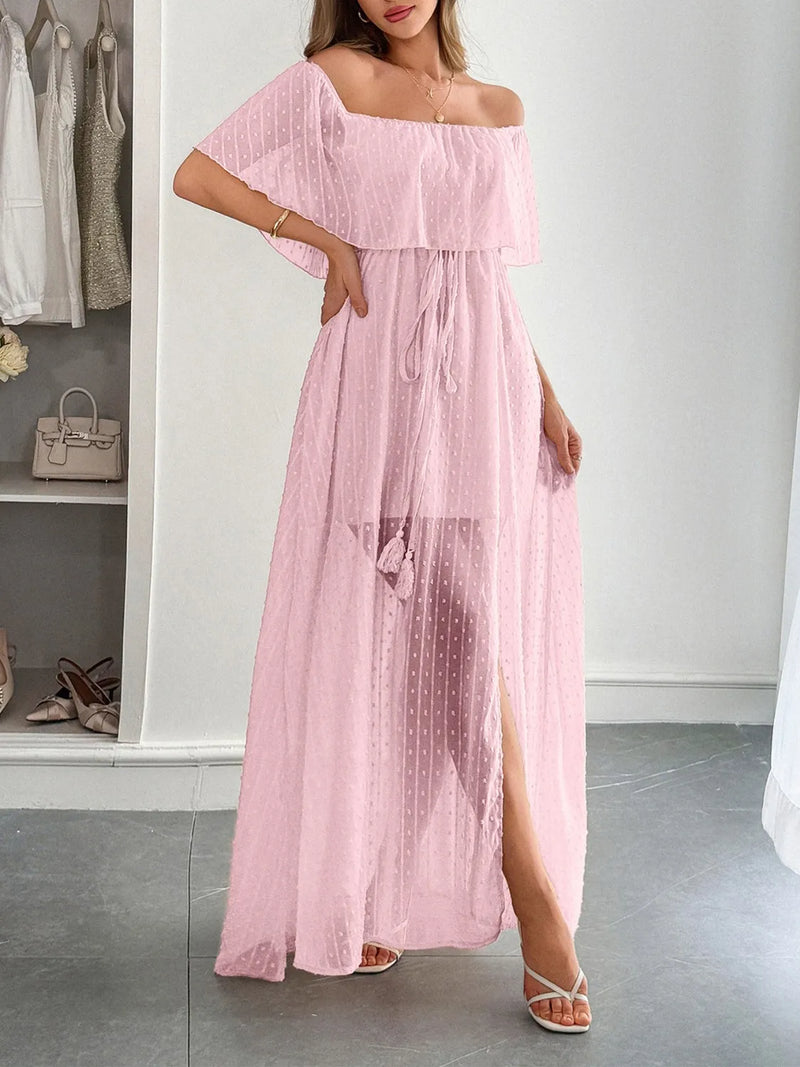 Women’s Swiss Dot Off Shoulder Maxi Dress for Summer – TrandifyDeal