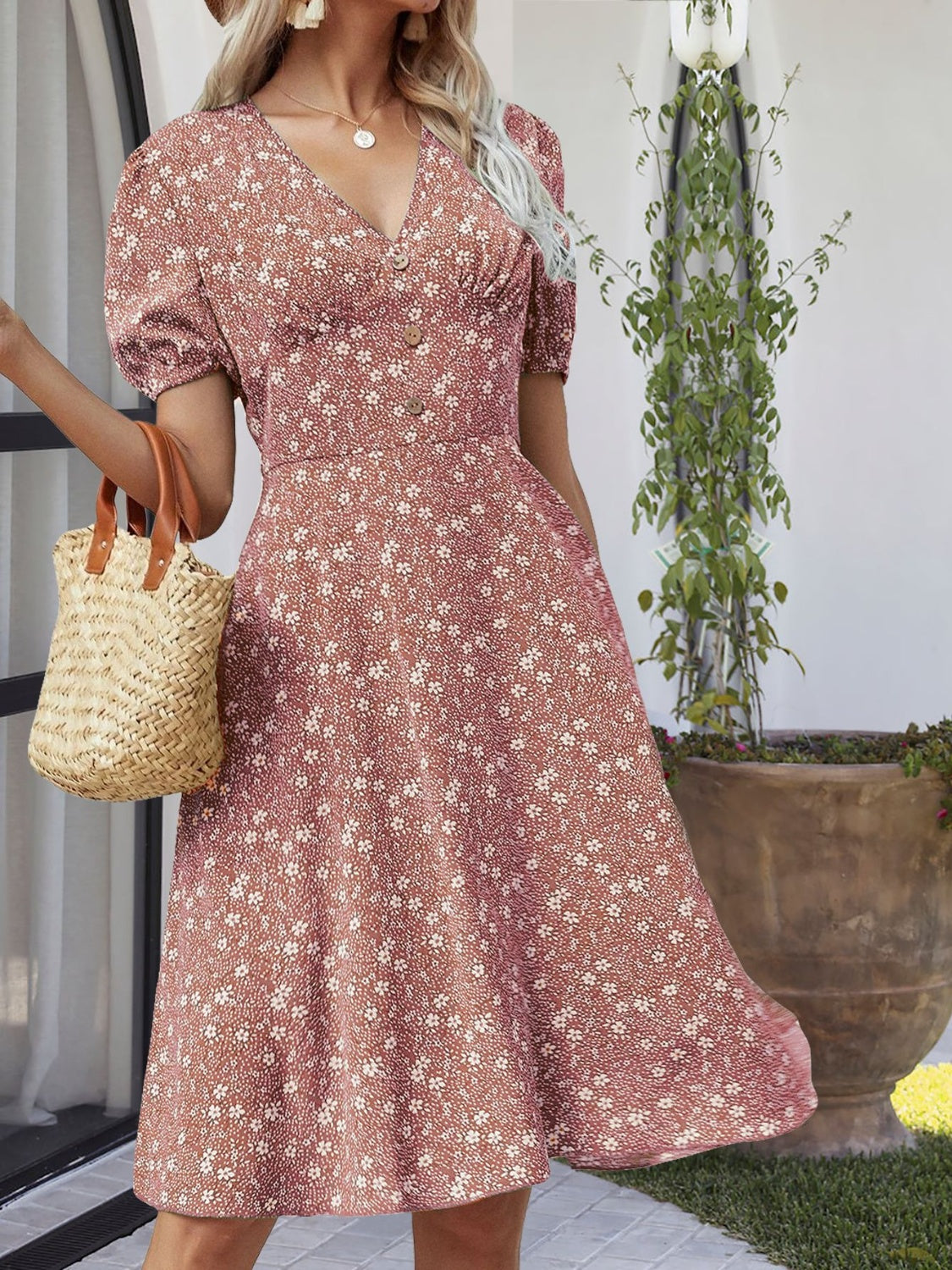 Printed V-Neck Short Sleeve Dress Trandify deal