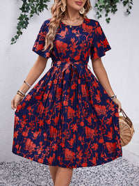 Printed Round Neck Short Sleeve Dress Trandify deal
