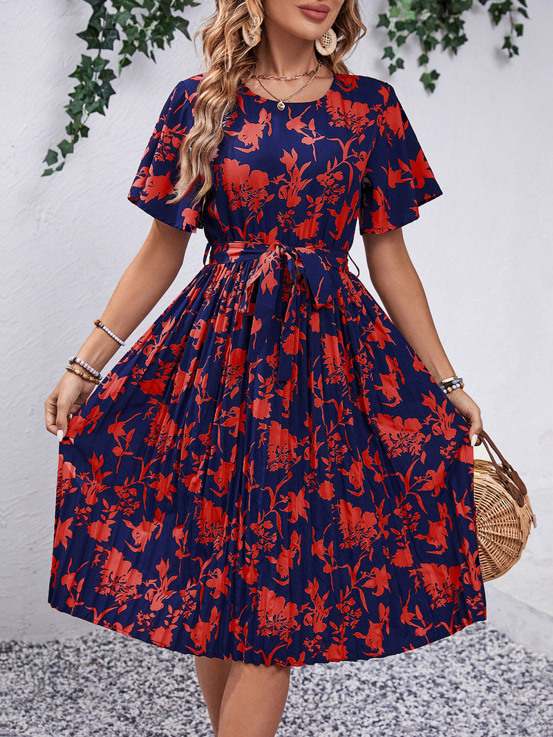 Printed Round Neck Short Sleeve Dress Trandify deal