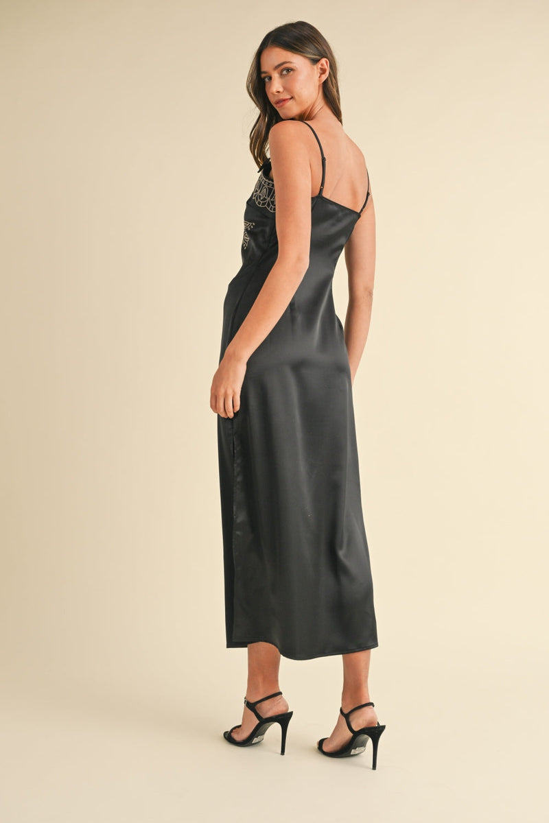 Mable Embroidered Cami Satin Midi Slit Dress Trandify Deal
