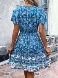 Perfee Printed V-Neck Flutter Sleeve Mini Dress Trandify deal