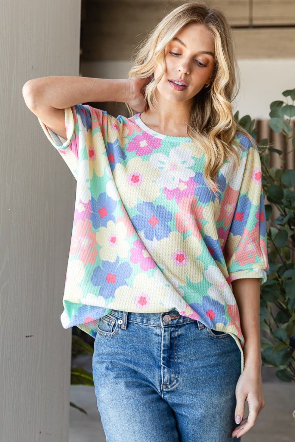 HOPELY Floral Waffle Oversized T-Shirt Trandify deal