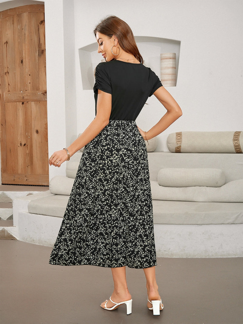 Printed Round Neck Short Sleeve Midi Dress Trandify Deal