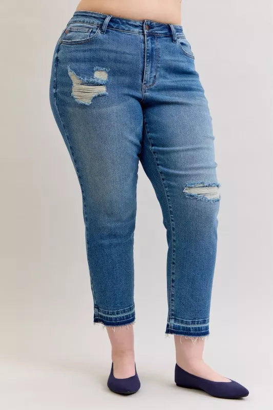 Women's Distressed Jeans | Mid Rise Patch & Repair Boyfriend Fit