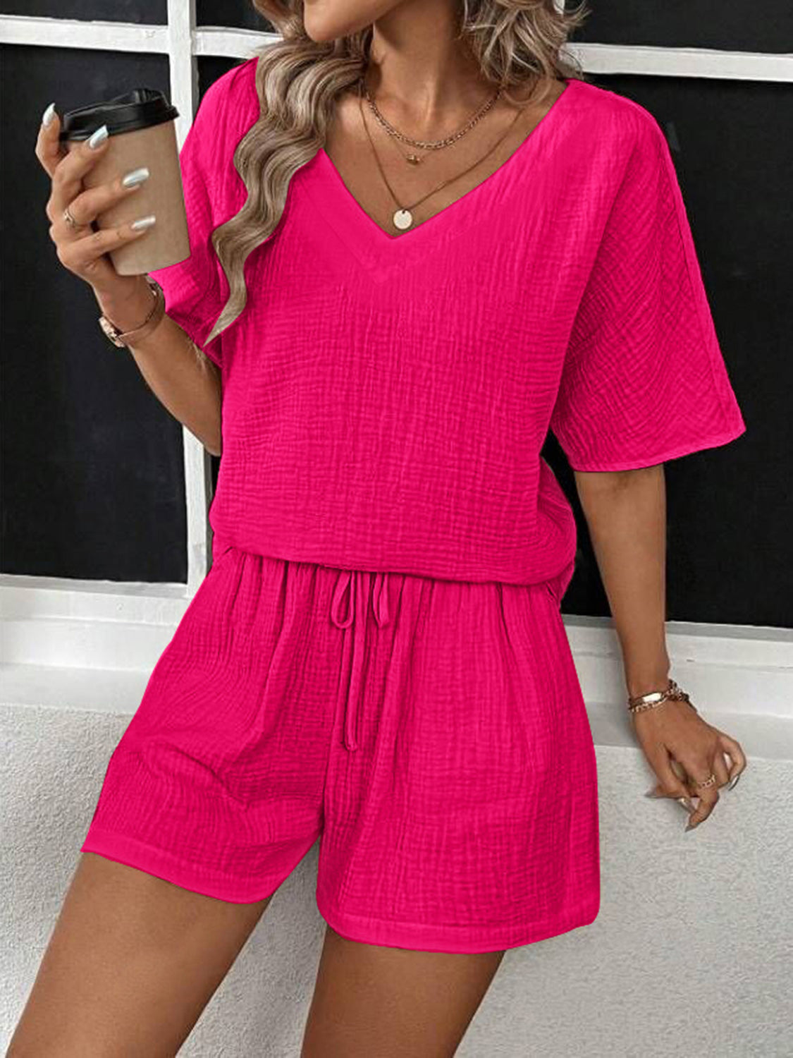 V-Neck Half Sleeve Top and Shorts Set - Trandify Deal
