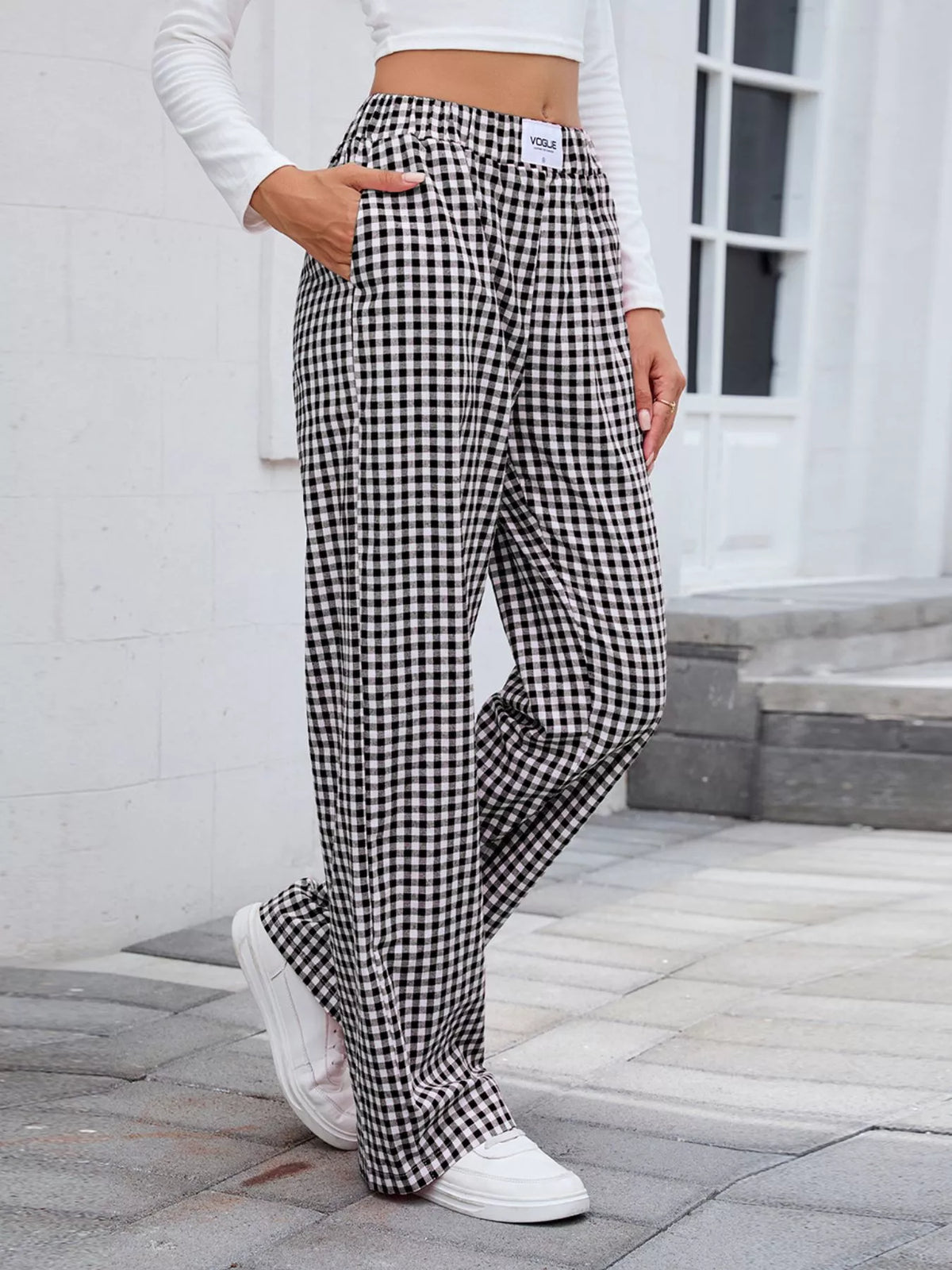 Women's Plaid Wide Leg Cotton Pants