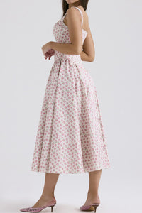 Blush pink floral square neck midi dress for women – USA summer wedding guest dress, wide straps, romantic style – TrandifyDeal