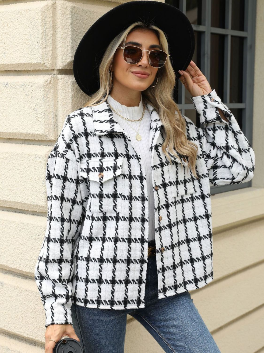 Plaid Collared Neck Long Sleeve Jacket Trandify Deal