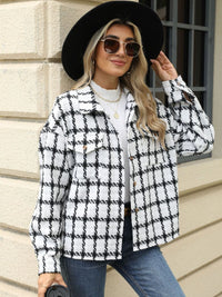 Plaid Collared Neck Long Sleeve Jacket Trandify Deal