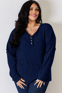 Basic Bae Full Size Ribbed Half Button Long Sleeve T-Shirt Trandify Deal