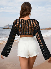 Openwork Boat Neck Long Sleeve Cover-Up Trandify deal