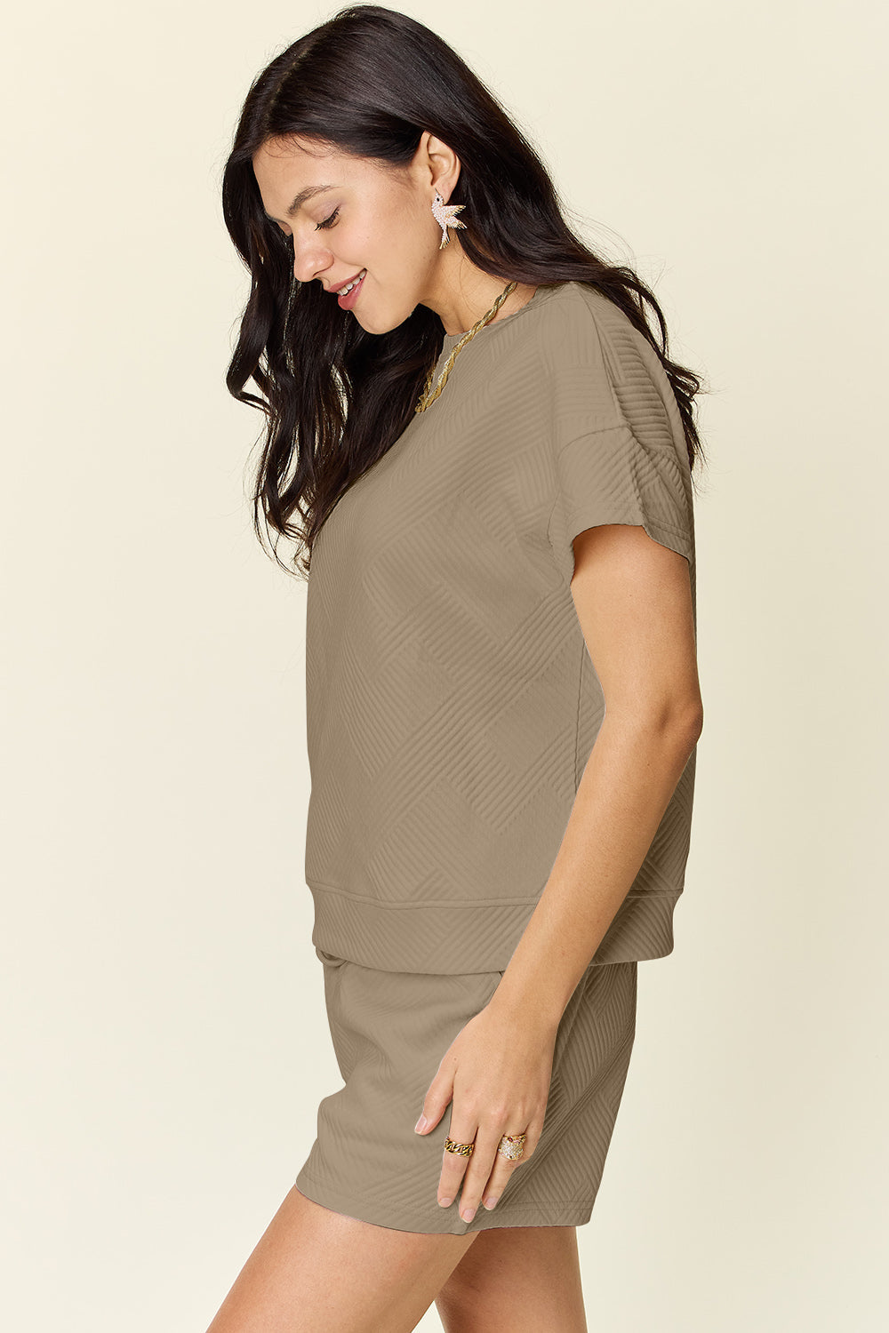 Double Take Full Size Texture Short Sleeve T-Shirt and Drawstring Shorts Set Trandify deal