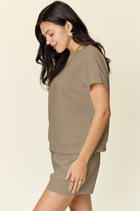 Double Take Full Size Texture Short Sleeve T-Shirt and Drawstring Shorts Set Trandify deal
