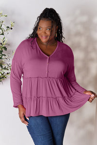 Double Take Half Button Long Sleeve Ruffle Hem Blouse Trandify Deal