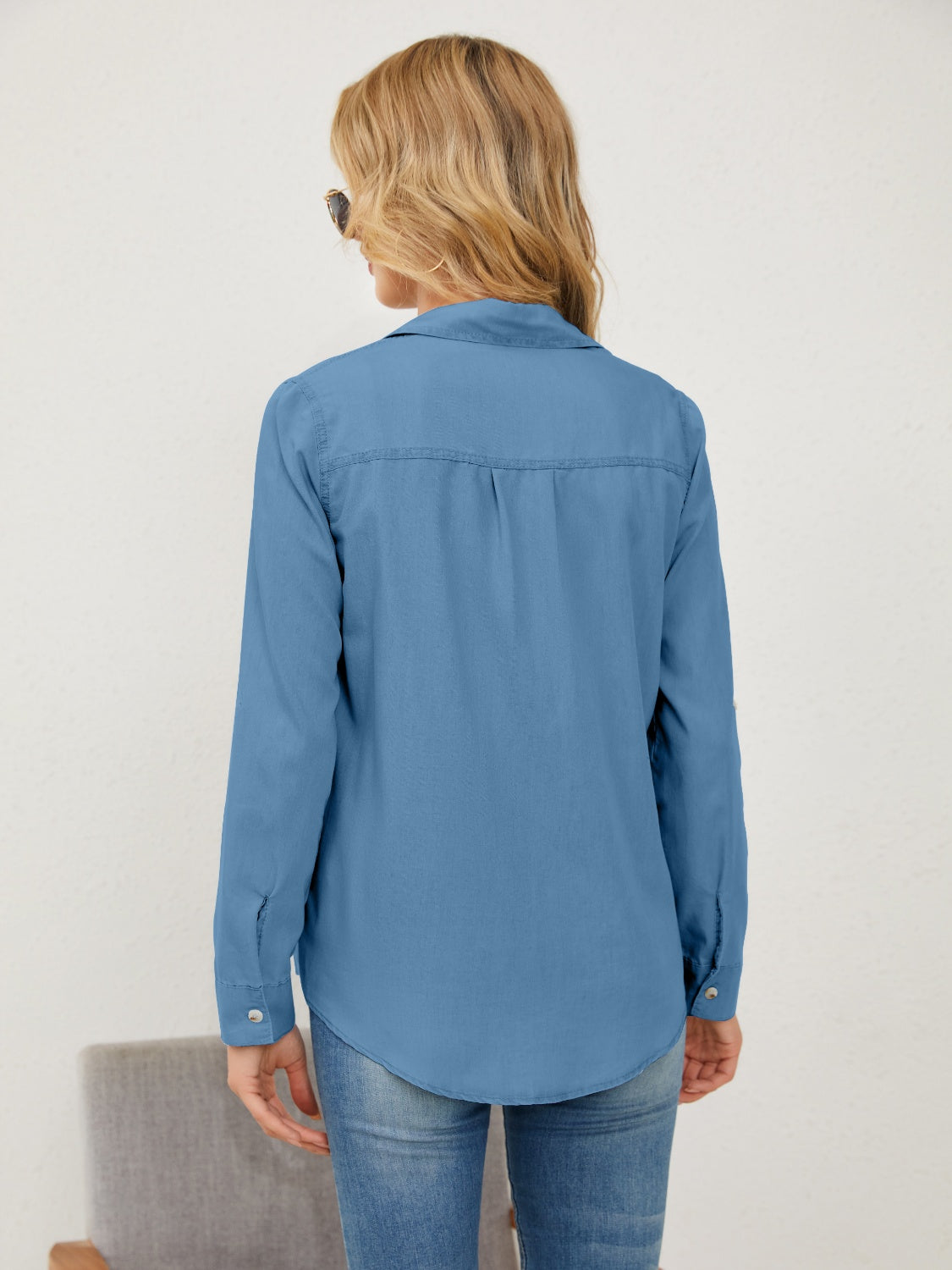 Pocketed Button Up Long Sleeve Denim Shirt Trandify deal