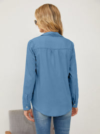 Pocketed Button Up Long Sleeve Denim Shirt Trandify deal
