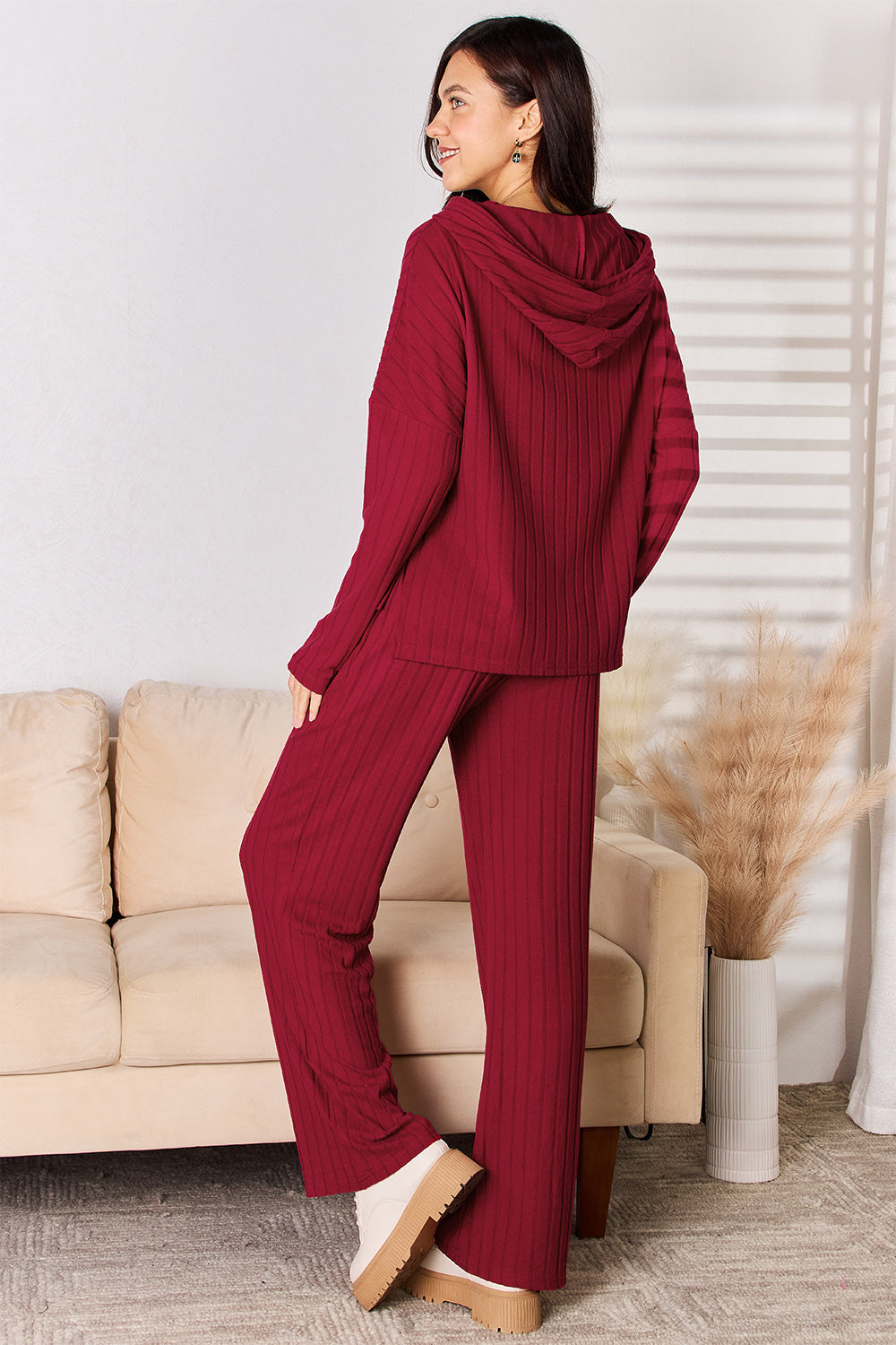 Basic Bae Full Size Ribbed Drawstring Hooded Top and Straight Pants Set Trandify Deal