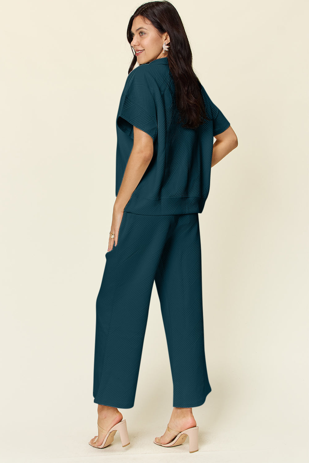 Double Take Full Size Texture Half Zip Short Sleeve Top and Pants Set Trandify Deal
