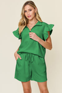 Double Take Full Size Texture Flounce Sleeve Top and Drawstring Shorts Set - Trandify Deal