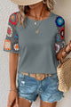 Geometric Round Neck Short Sleeve Blouse - Trandify Deal