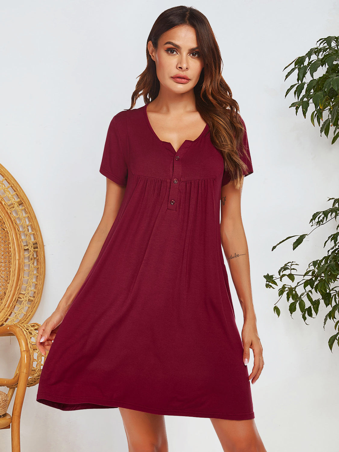 Notched Short Sleeve Mini Lounge Dress Trandify Deal