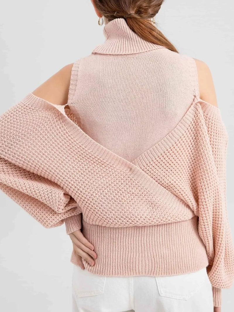 Oversized Cold Shoulder Sweater in Cream knit worn with denim jeans
