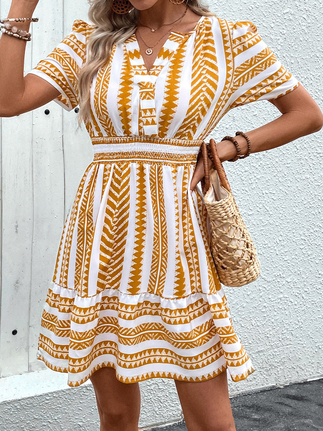 Perfee Geometric Notched Short Sleeve Mini Dress Trandify deal