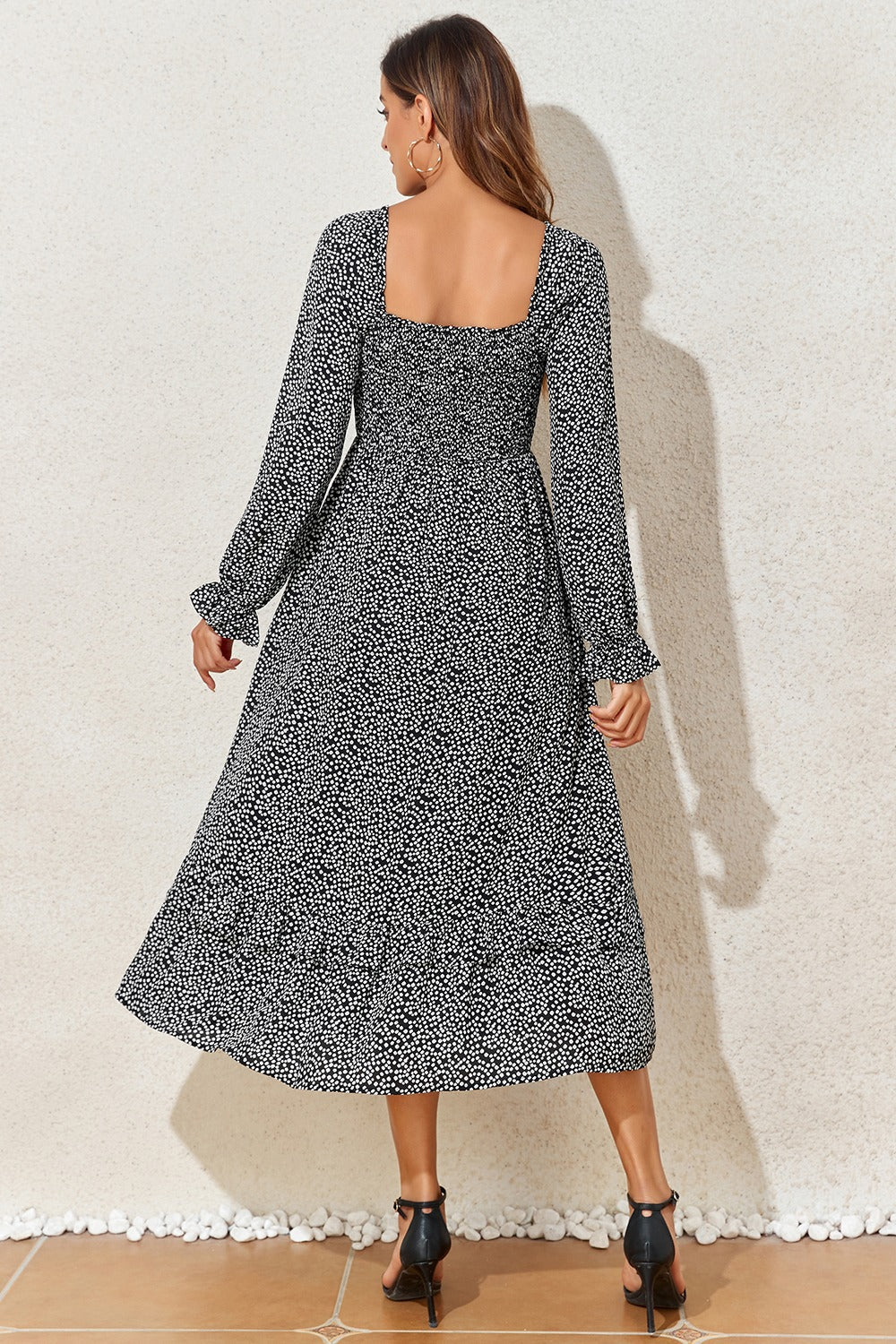 Printed Square Neck Long Sleeve Midi Dress Trandify Deal