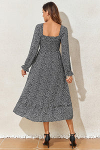 Printed Square Neck Long Sleeve Midi Dress Trandify Deal