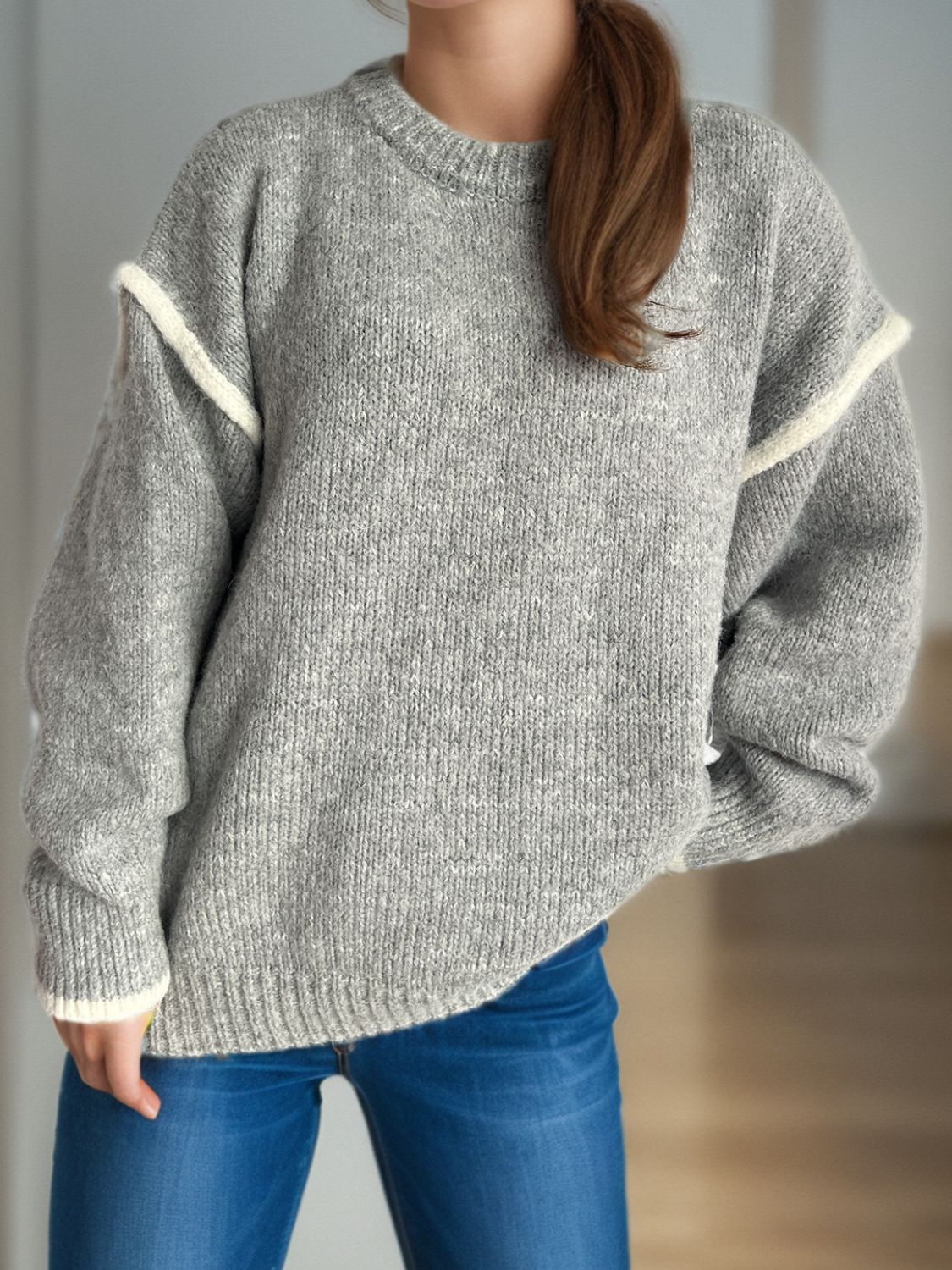 Contrast Trim Round Neck Dropped Shoulder Sweater Trandify Deal
