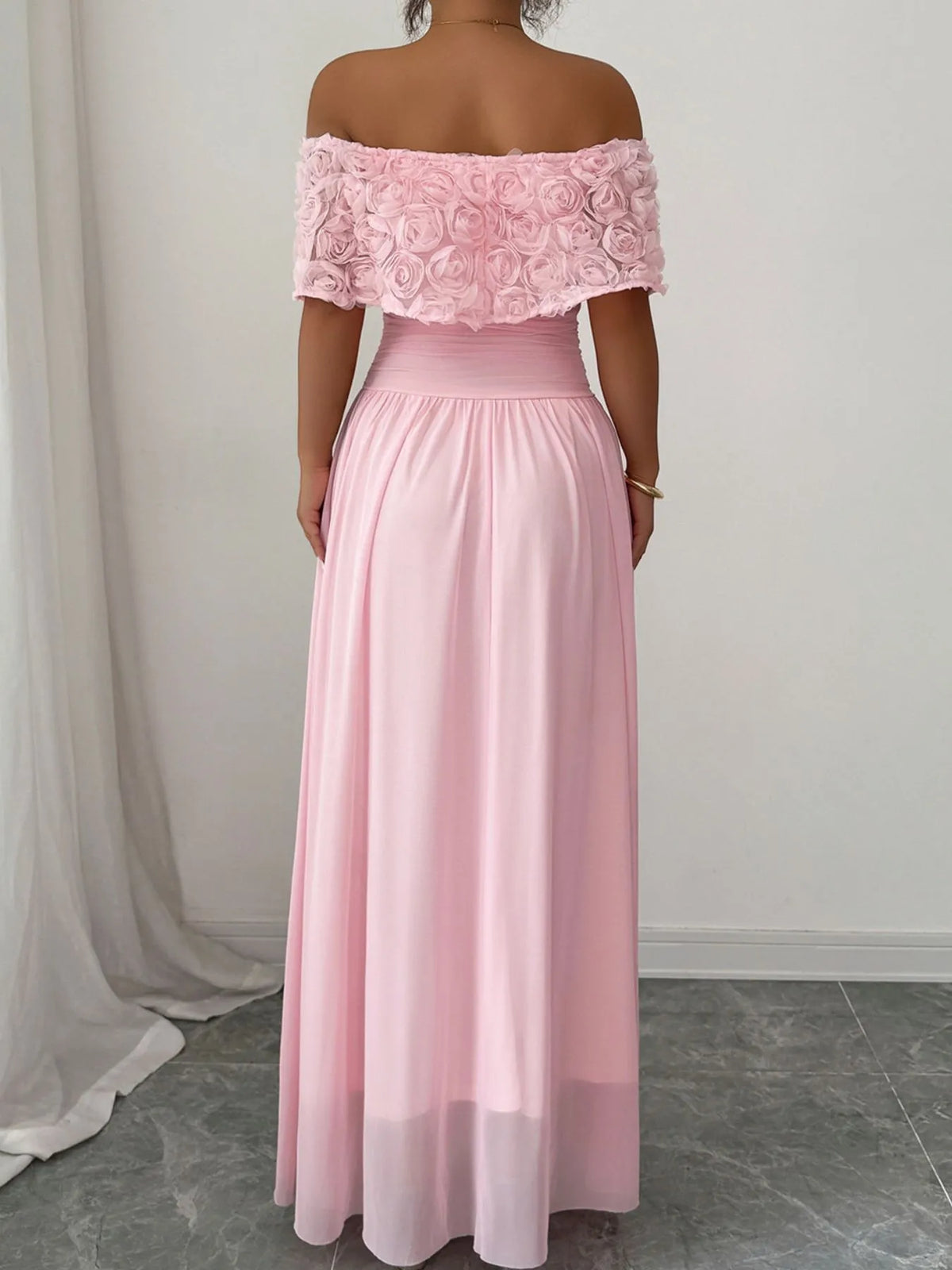 Off-Shoulder Rose Embellished Maxi Dress – Floral Bohemian Summer Gown for Women