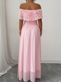 Off-Shoulder Rose Embellished Maxi Dress – Floral Bohemian Summer Gown for Women