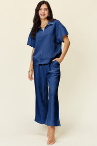 Double Take Full Size Texture Half Zip Short Sleeve Top and Pants Set Trandify Deal