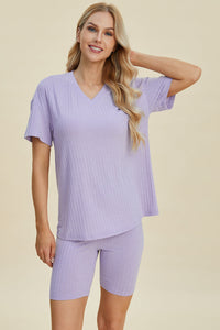 Basic Bae Full Size Ribbed V-Neck Short Sleeve Top and Shorts Set Trandify deal