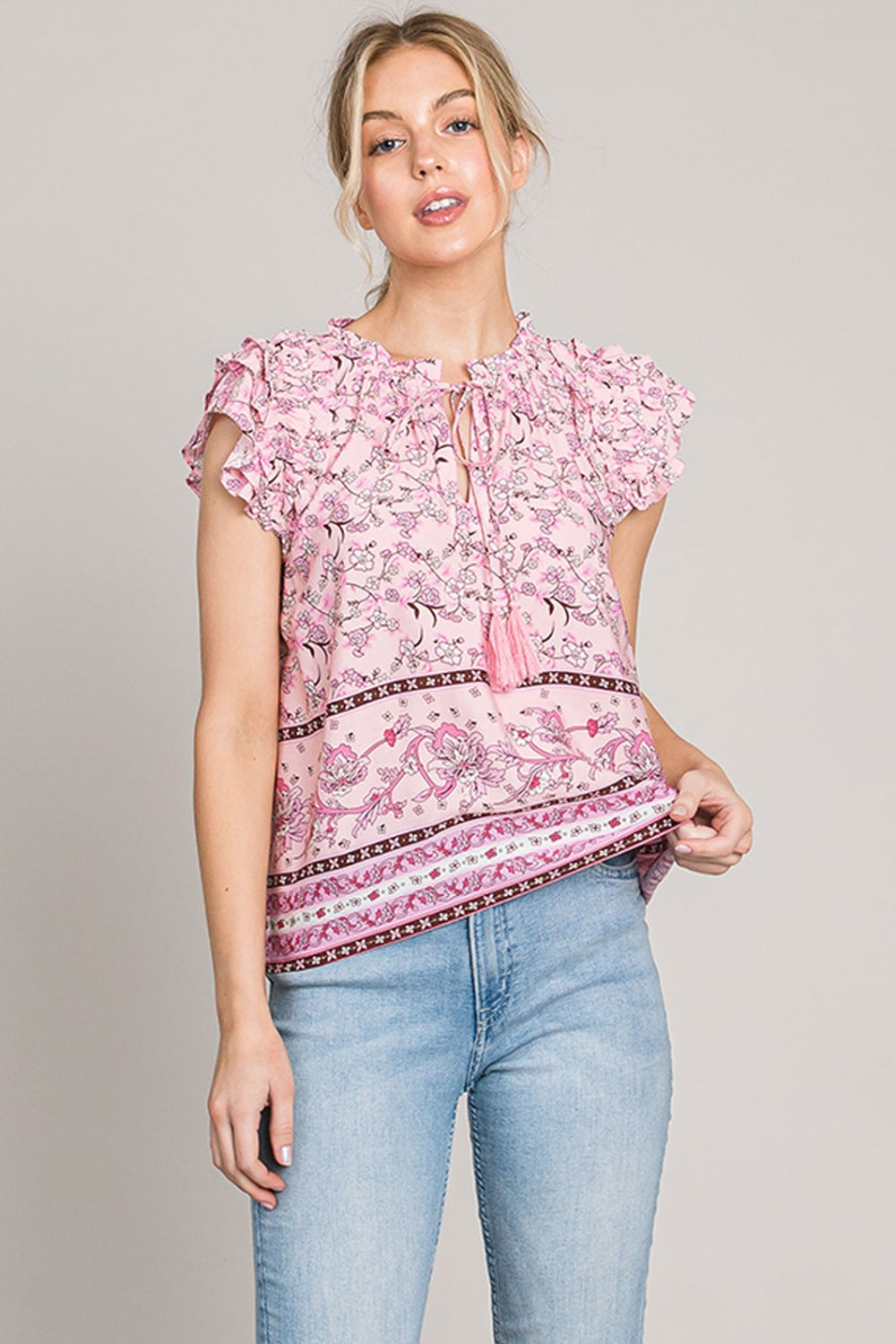 Cotton Bleu by Nu Lab Print Ruffle Sleeve Detail Blouse Trandify deal