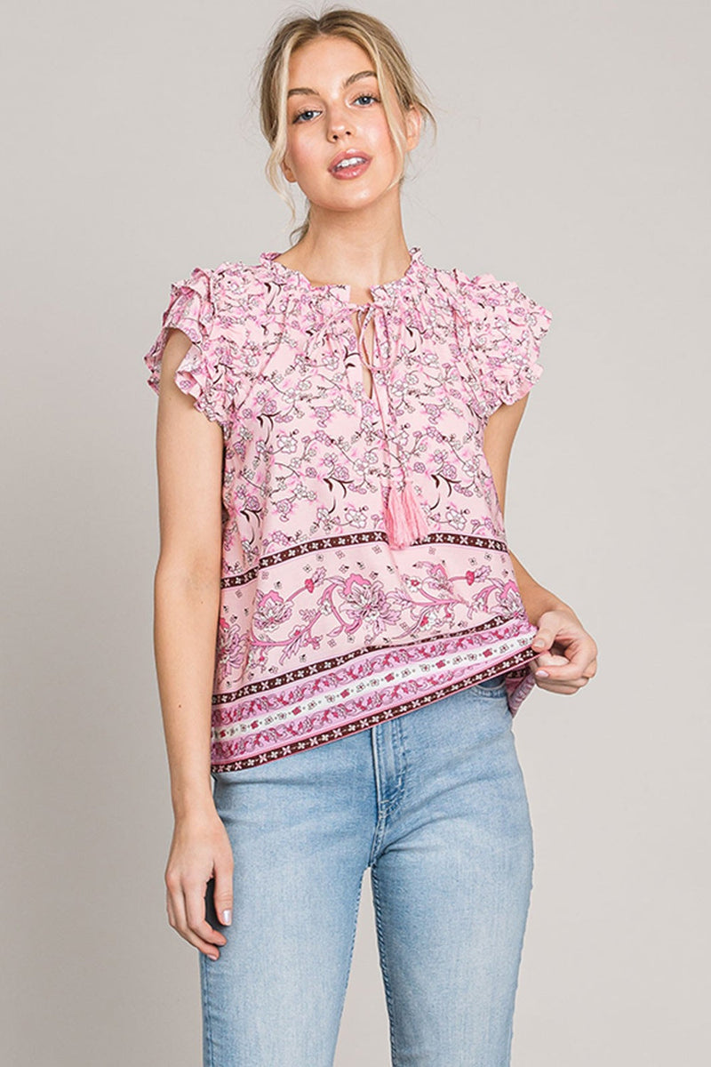 Cotton Bleu by Nu Lab Print Ruffle Sleeve Detail Blouse Trandify deal