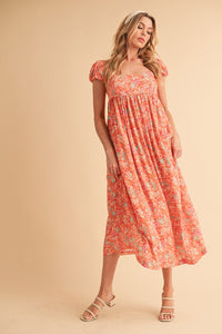 Floral Square Neck Puff Sleeve Midi Dress for Women – USA Summer Fashion