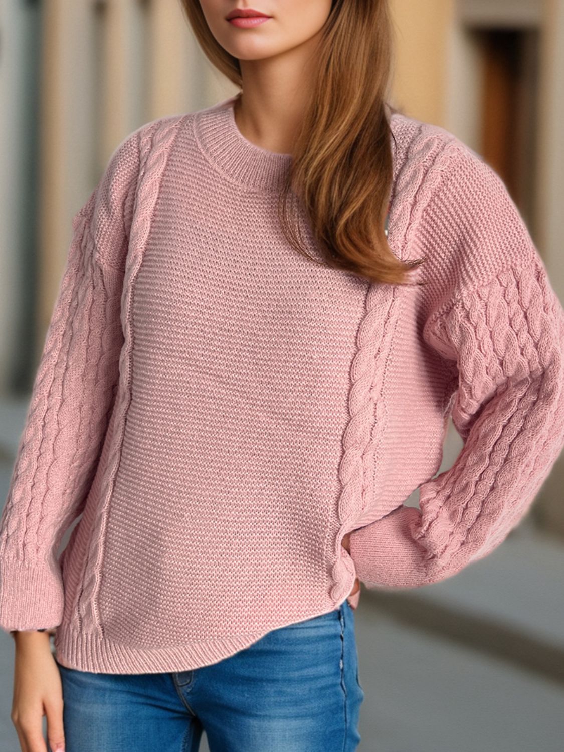 Cable-Knit Round Neck Long Sleeve Sweater Trandify Deal