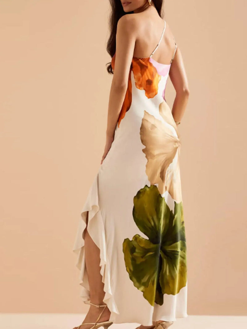 Floral Print Single Shoulder Maxi Dress for Women – Boho Summer Long Dress with Side Slit