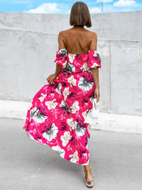 Pleated Floral Off-Shoulder Short Sleeve Midi Dress Trandify deal