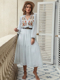 Plus Size Printed Tie Neck Long Sleeve Midi Dress Trandify Deal